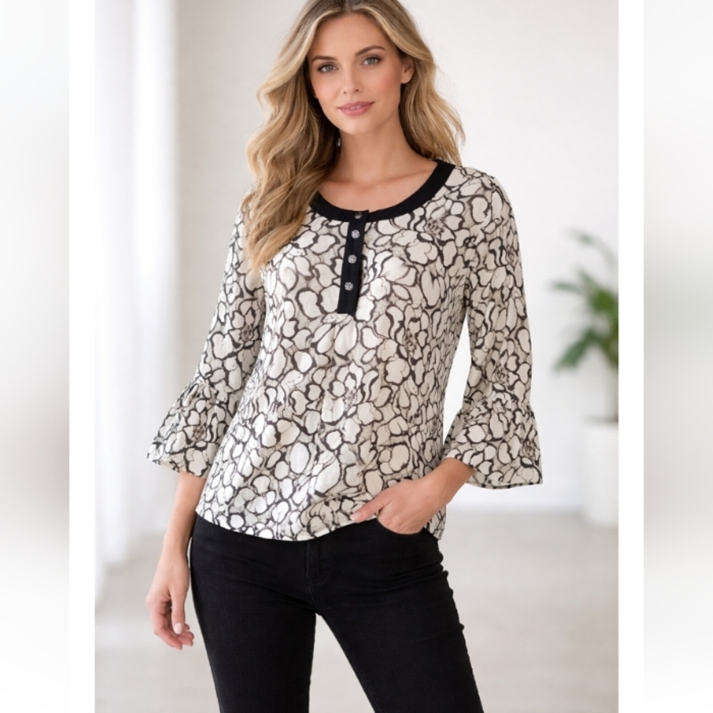 Karl Lagerfeld Paris Black & White Abstract Print Bell Sleeve Blouse Top